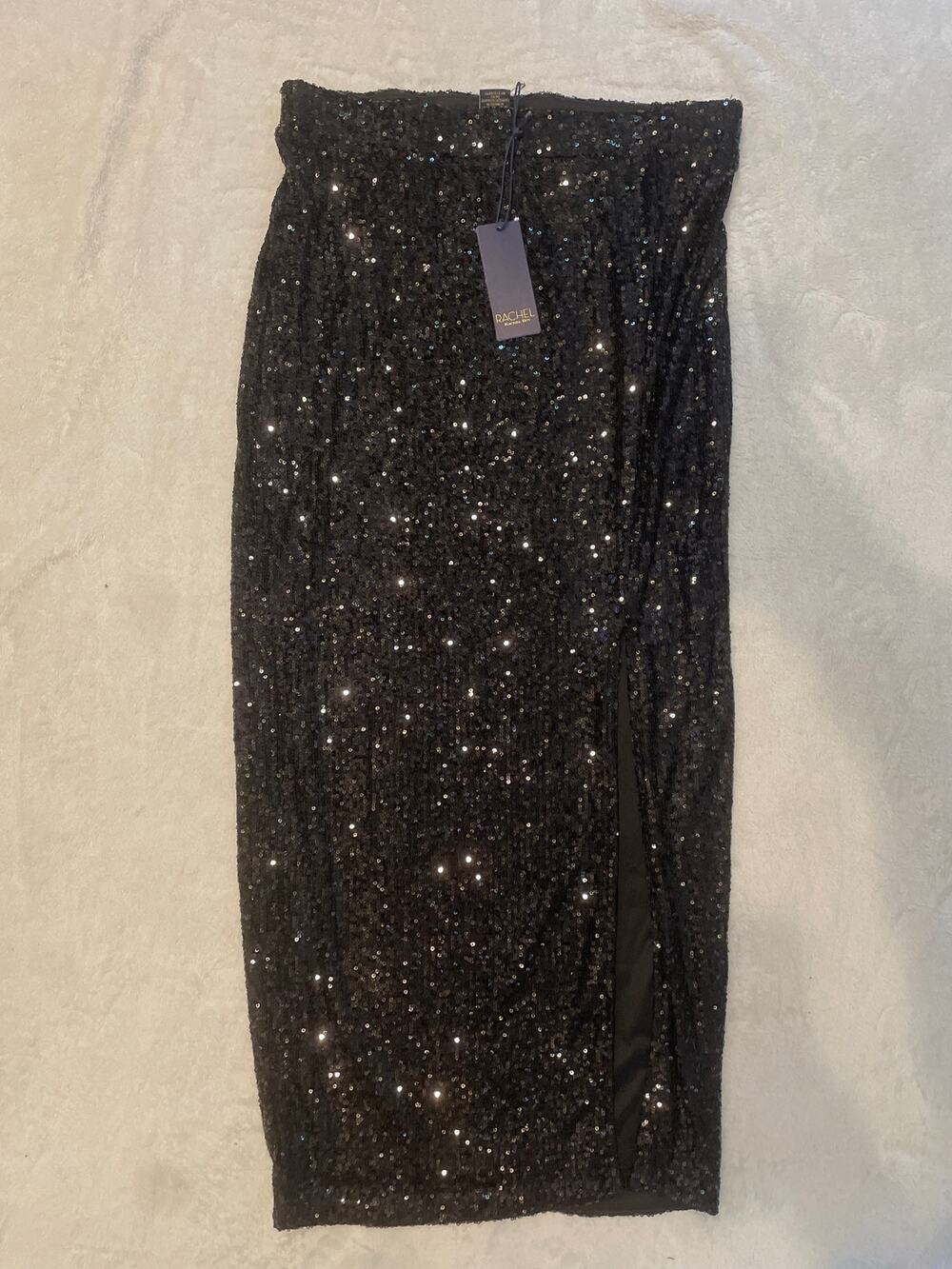 RACHEL ROY Women's Sequin Ruched Slit Skirt Medium Black Stretch Lined NWT